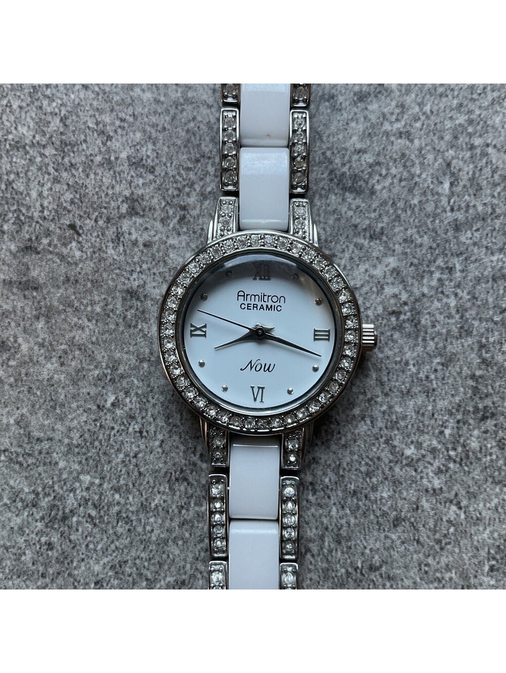 Armitron Now Watch Women Silver White Tone Pave Ceramic Band New Battery D5